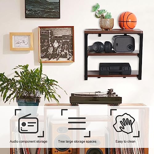LUCKUP Floating Wall Shelves Wall Mounted Projector Shelf Wood AVMedia Stand with 3 Shelves, Entertainment Center with Strengthened Metal Steel Frame - size: 3-Tier without Cable-Friendly Edge