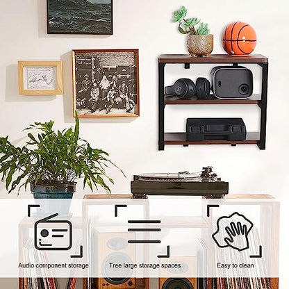LUCKUP Floating Wall Shelves Wall Mounted Projector Shelf Wood AVMedia Stand with 3 Shelves, Entertainment Center with Strengthened Metal Steel Frame - size: 3-Tier without Cable-Friendly Edge