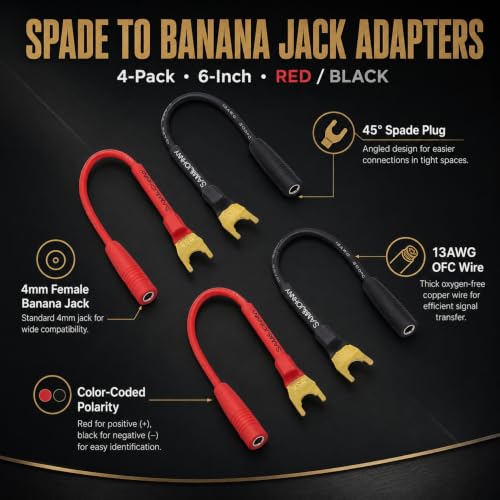 Sam&Johnny Spade Plugs to 4mm Female Banana Jack Speaker Wire, Banana Jack Female to Y Plug Fork Spades Cable for Speakers, Amplifier, Soldered Construction, 4 Pack of 6 Inch, RED/ BLACK - style: 3 Inch | Banana Plug to Banana Jack | 4 Pack