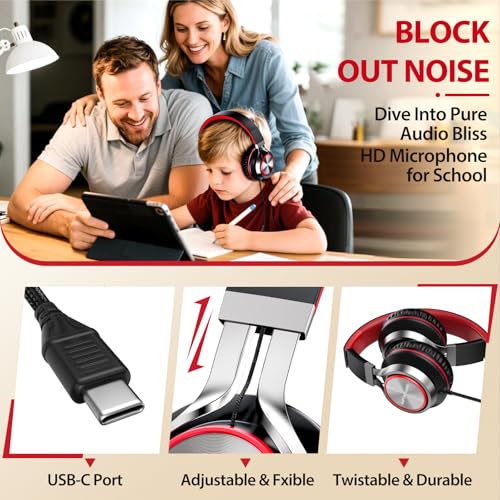 INFURTURE USB C Headphones Wired with Mic & Volume Control, Noise Isolating Over-Ear Headphones, Tangle-Free Plaiting Line, Foldable Headphone for School/Travel/iPad,Tablet,iPhone 17/16/15 - color: Red