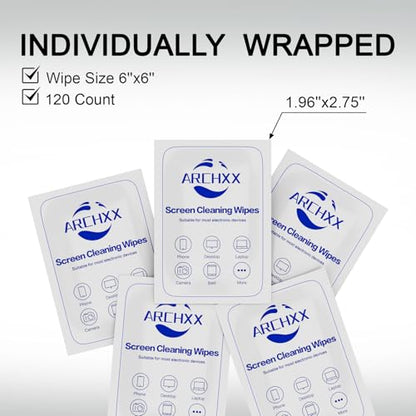 ARCHXX Screen Wipes for Electronics, 120 Count 6"x6" Pre-Moistened Screen Cleaner for Screens, Computer,Laptop,Tablet,Phone,Monitor,Car Screen Cleaner, Lens Wipes Individually Wrapped - size: 1 Count (Pack of 120)