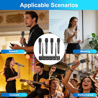 Aveek Wireless Microphone System 4 Pack, 262FT Long Range Low Latency Mics | 40H Rechargeable Battery, Stable Signal, Studio Sound, Handheld Karaoke Mics for Singing, Church, Speech, Wedding, Home Party