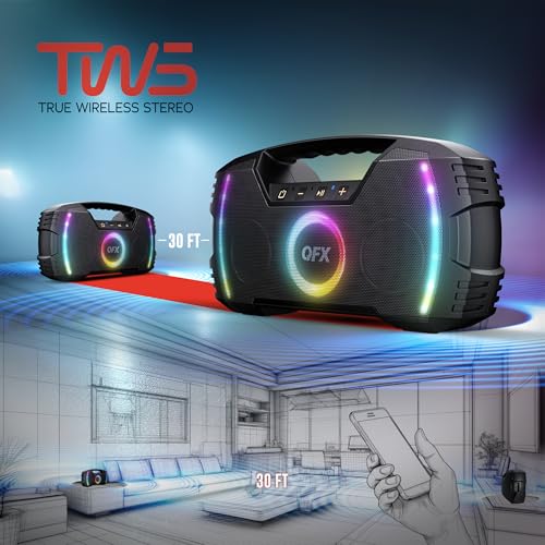 Powerful & Portable Waterproof All Terrain Bluetooth Speaker with Deep Bass, LED Party Lights, Fast USB-C Charging, FM Radio, AUX – QFX BT-ZX35 | Powerful 2.7" Full-Range Drivers, Deep Bass, Fast USB-C Charging, FM Radio, LED Party Lights, AUX/USB/TF Card