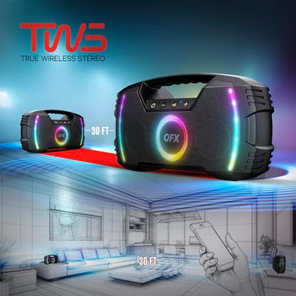 Powerful & Portable Waterproof All Terrain Bluetooth Speaker with Deep Bass, LED Party Lights, Fast USB-C Charging, FM Radio, AUX – QFX BT-ZX35 | Powerful 2.7" Full-Range Drivers, Deep Bass, Fast USB-C Charging, FM Radio, LED Party Lights, AUX/USB/TF Card