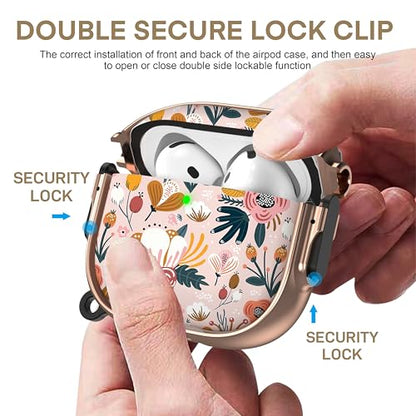 for AirPods 4 Case with Safety Lock, Magsafe Compatible, Pink Flower | Double Secure Lock,Drop Protection,Two-Piece Design,with Gold Keychain, Anti Lost, Dustproof, Cute AirPod 4 Case - color: Brown + Pink, size: AirPods 4 Case