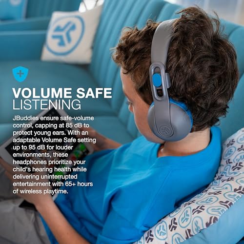 JLab, JBuddies Studio 2, Kids Wireless Headphones, On Ear, Bluetooth, Volume Limiter, Share Mode, Foldable, Grey/Blue