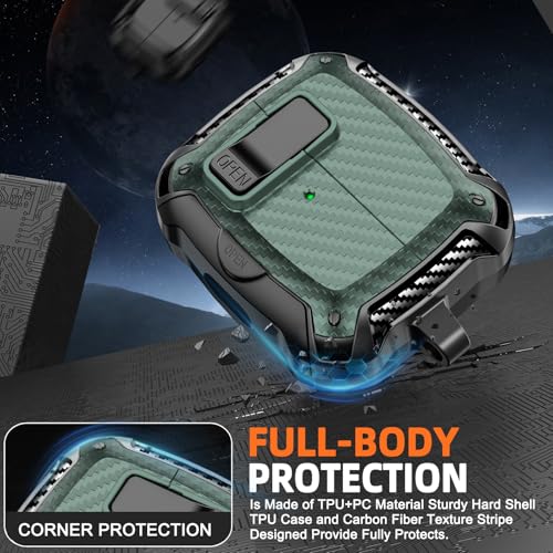 Safety Lock Case for Samsung Galaxy Buds3 FE/Pro/3 (Green) | Compatible with MagSafe, Carbon fibre texture Design,with Phone Stand& Cleaning kit,Keychain, - color: A-b-Grenn