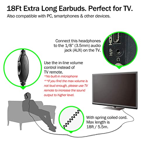 18Ft Extra Long Cord Headphones for TV Watching & PC with Volume Control | Over Ear Stereo Headset with 5.5M Extension Spring Coiled Cord, Universal 3.5mm AUX Audio, Ideal Gift for Parents & Seniors