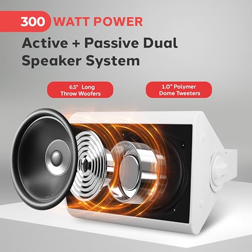 Pyle 6.5'' Marine Grade Waterproof Bluetooth Speakers with Built-in Amplifier, Indoor/Outdoor Use, Full Range Stereo, Aux Input, Rustproof, Ideal for Patio, Pool, Home Audio, White - color: White