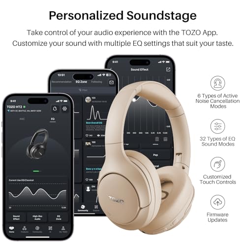 TOZO Hybrid Active Noise Cancelling Headphones, Hi Res Audio | Wireless Over Ear Bluetooth Headset, 60H Playtime, Custom EQ via App Deep Bass Comfort Fit Ear Cups, for Home Office Travel - color: Khaki