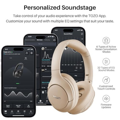 TOZO Hybrid Active Noise Cancelling Headphones, Hi Res Audio | Wireless Over Ear Bluetooth Headset, 60H Playtime, Custom EQ via App Deep Bass Comfort Fit Ear Cups, for Home Office Travel - color: Khaki