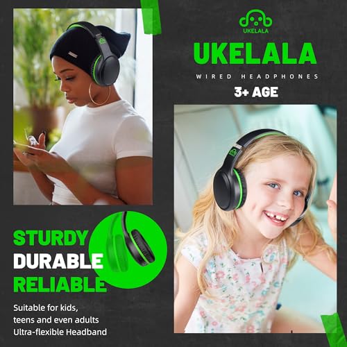 UKELALA U2B ANC Wired & Wireless Bluetooth 6.0 Headphones Foldable with Mic | Up to 30 Hrs Battery, Noise Canceling Foldable Lightweight Head phones with Volume Control‌ for Kids Adult School Black Green - color: Green/Black