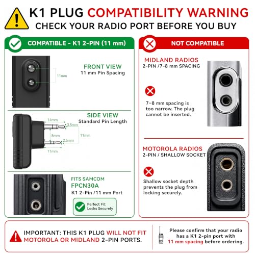 SAMCOM Wireless Earpiece with 2 Pin Dongle for FPCN30A/FPCN10A 2-Way Radios | BTEAR-02 Wireless Headset with PTT Microphone for K Plug Walkie Talkie, for School Retail Hotel Business (Radios Not Include)