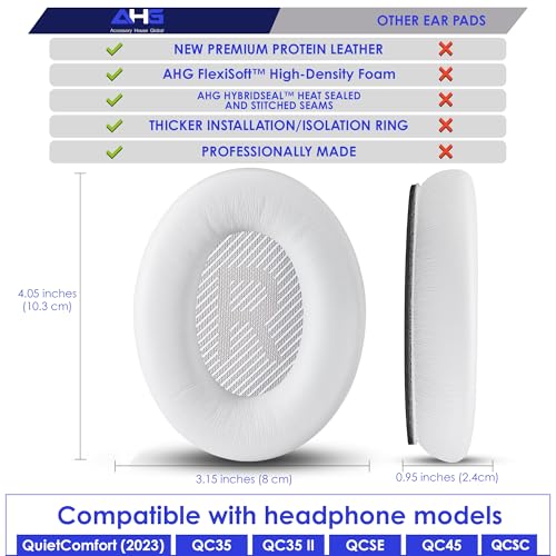 AHG Accessory House Global qc Replacement Ear Pads Cushions Compatible with Bose QuietComfort 35 II / QC35, QCSE, QCSC and QC45 Wireless Headphones (White) - Premium Material | Extra Thick | Durable - color: White