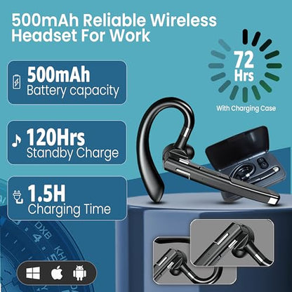 Wireless Bluetooth Headset with Mic, Noise-Cancelling Earpiece with 500mAh Charging Case – Up to 72H Talk Time – Clear HD Sound for Truck Drivers, Office, Call Centre, All Smart Phones.