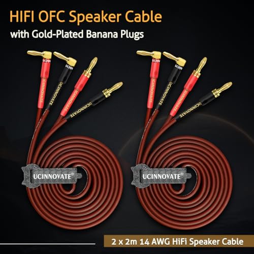 UCINNOVATE 2 Pack 14 AWG Copper Speaker Wire with Banana Plugs, 2X 2m HiFi OFC Speaker Cable with Gold-Plated Right Angle Banana Plugs, Audio Cable Speaker Cord for Audiophile Sound Amp (2m / 6.5FT) - size: 2 x 2m OFC Speaker Cable
