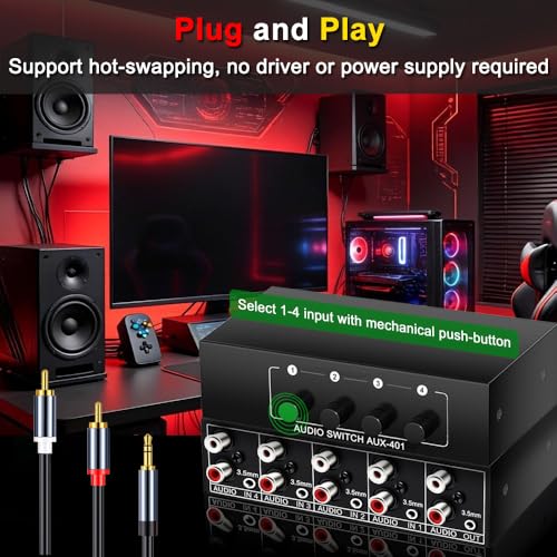 4x1 RCA L/R + 3.5mm Aux Bi-Directional Stereo Audio Switcher | 4 in 1 Out Passive A/B Analog Stereo Audio Switch Selector Box 1 in 4 Out Audio Splitter Only 1 of 4 Outports Works at a time