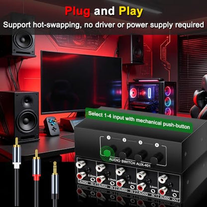 4x1 RCA L/R + 3.5mm Aux Bi-Directional Stereo Audio Switcher | 4 in 1 Out Passive A/B Analog Stereo Audio Switch Selector Box 1 in 4 Out Audio Splitter Only 1 of 4 Outports Works at a time