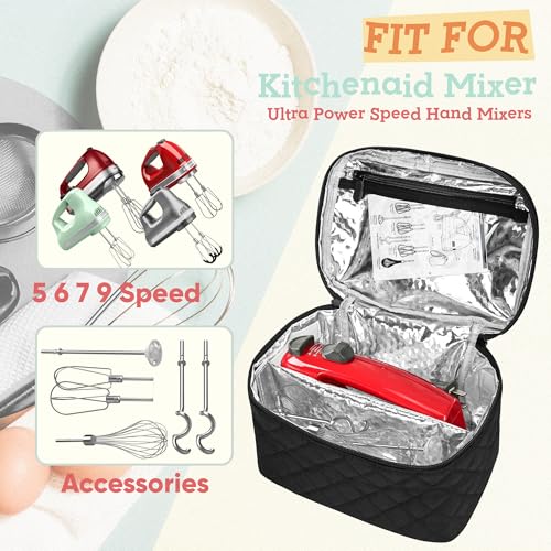 Hand Mixer Carrying Bag for KitchenAid 5/6/7/9 Speed Mixers | Quilted Storage Case with Aluminum Lining, Clear PVC Pocket and Top Handle for Hand Mixer, Beaters and Attachments, Black