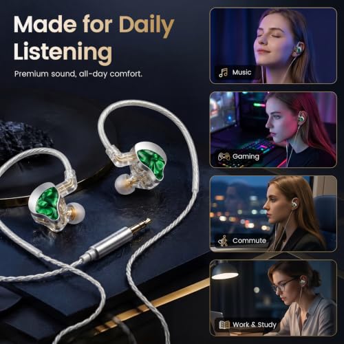 HIFI WALKER A20 IEM Earbuds, 10mm Dynamic Driver in Ear Monitor Headphones, HiFi Wired Earphones with Deep Bass & Clear Vocals, Noise Isolating IEM for Music, Gaming & Studio (No Mic), Green - color: Green