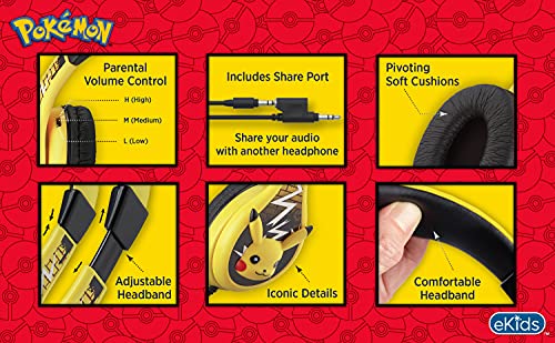 eKids Pokemon Pikachu Wired Kids Headphones, Adjustable, Stereo Sound, 3.5Mm Jack, Tangle-Free, Volume Control, Children's Headband On Ear for School Home, Travel - color: Yellow