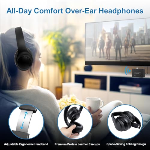 Wireless ANC TV Headphones for Seniors - Active Noise Cancelling, Foldable Bluetooth 5.3 Over-Ear TV Headset with 5-in-1 Transmitter (Optical/Coaxial/USB/RCA/AUX), Hi-Fi Sound, 35H Playtime