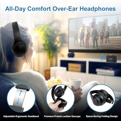 Wireless ANC TV Headphones for Seniors - Active Noise Cancelling, Foldable Bluetooth 5.3 Over-Ear TV Headset with 5-in-1 Transmitter (Optical/Coaxial/USB/RCA/AUX), Hi-Fi Sound, 35H Playtime