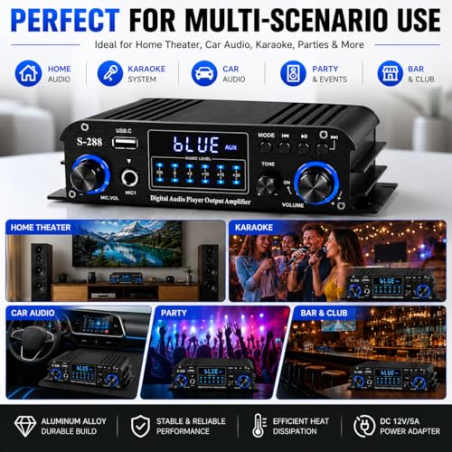 Romicta 4 Channel Bluetooth 5.0 Stereo Amplifier, 50Wx4 Home Audio Stereo Receiver, 1200W Max, USB/SD/FM, Class D HiFi Power Amp for Home Theater, Car & Karaoke, Includes Remote & Power Adapter - style: 4.0 CH (With FM)