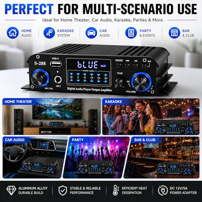 Romicta 4 Channel Bluetooth 5.0 Stereo Amplifier, 50Wx4 Home Audio Stereo Receiver, 1200W Max, USB/SD/FM, Class D HiFi Power Amp for Home Theater, Car & Karaoke, Includes Remote & Power Adapter - style: 4.0 CH (With FM)