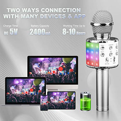BlueFire 4 in 1 Karaoke Wireless Microphone with LED Lights, Portable Microphone for Kids, Great Gifts Toys for Kids, Girls, Boys and Adults (Silver) - color: Silver