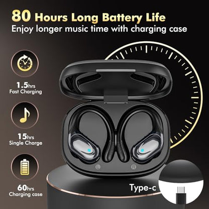 HAOYUYAN Wireless Earbuds, Sports Bluetooth Headphones, 80Hrs Playtime Ear Buds with LED Power Display, Noise Canceling Headset, IPX7 Waterproof Earphones for Workout/Running(Black)