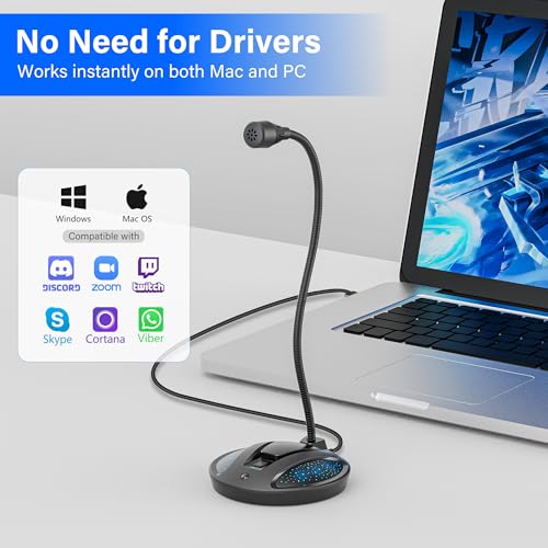 Plug & Play USB Computer Microphone, Flexible Gooseneck Desk Microphone for Podcasting, Streaming, Conference, Noise Canceling Microphone with Mute Button LED for PC/Mac