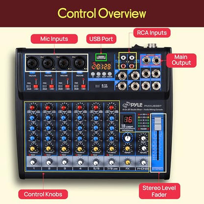 Pyle 8 Channel DJ Audio Mixer, Bluetooth, DSP FX, USB, Audio Interface
