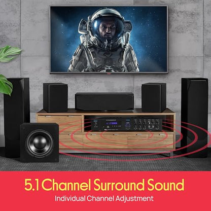 Pyle Bluetooth 5.1 Channel Home Entertainment Amplifier - Subwoofer Out - Easy Karaoke with Dual Mic Inputs w/ Echo, USB-A / SD Reader with MP3 Player, RCA In and Line out - PDA8BU