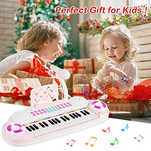 Costzon 37 Keys Electronic Keyboard Piano for Kids, Portable Musical Keyboard with Rhythm Light, Microphone, Recording, Music Stand, 8 Tone Keys, 4 Percussion Instruments (Pink) - style: Pink