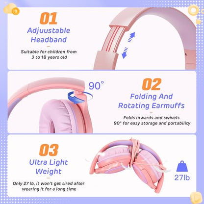 Kids Headphones with 3.5mm & USB C Headphones Kids for School, Over-Ear for Boy Girls, Adjustable Headband,Foldable,Built-in Mic, Safe Volume Wired Headphone for iPad/Travel/Classroom, ideal gift-Pink - color: Rose