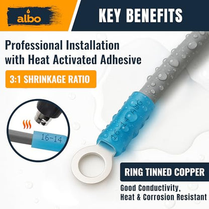 ALBO 500PCS Heat Shrink Ring Terminal Kit – Wire Terminal Connectors Assortment for 22-10 AWG, Waterproof Electrical Connectors Set – Tinned Copper Electrical Ring Terminals | Closed-Ring Design Helps Prevent Pull-Off, Loose Wiring and Connection Failure