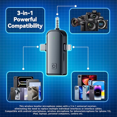 3 in 1 Wireless Lavalier Microphones for iPhone,Android,USB-C,Camera,Built-in Reduction ChipNoise,Plug-Play, 2.4G Ultra-Low Delay Mini Microphone for Interview/tiktok/Vlog/YouTube(3 MIC)