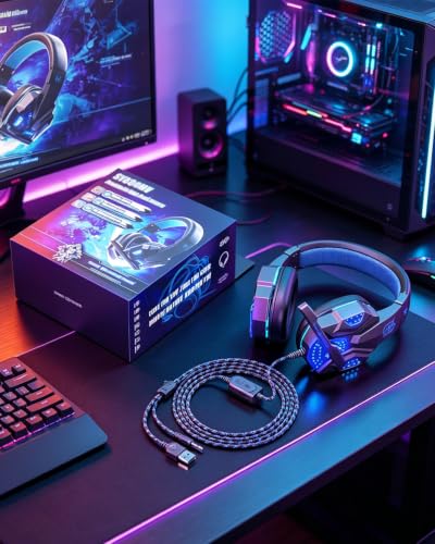 Grey Gaming Headset with Mic RGB Light, 3D Surround Sound, Noise Cancelling Over Ear for PS4 PS5 Xbox One Switch, Lightweight 40mm Driver, Breathable Earmuffs & Durable Braided Cable - color: Grey