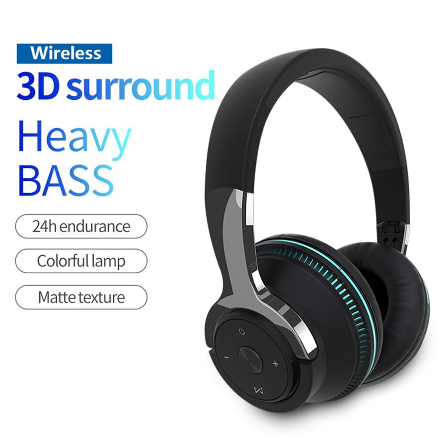 Wireless Headphones, Portable Over Ear Headphones with Mic, Clear Calls, FM Radio, Soft-Earpads, LED Light, Support TF Card Play, Foldable for Travel Home Office Cellphone PC