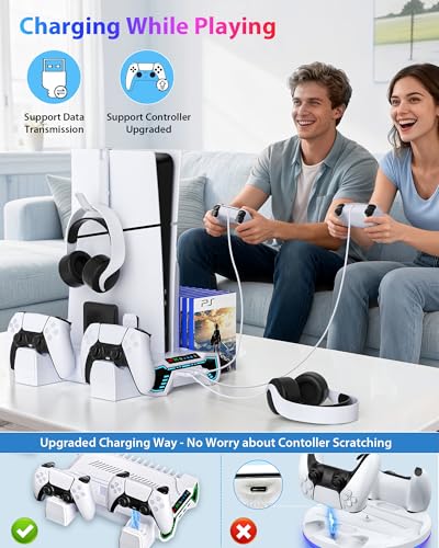 PS5/Slim/Pro Cooling Station and Controller Charging Station with LED Stand for PlayStation 5 Console - PS5 Controller Charger, Cooling Stand Accessory Kit-Cooler Fan/Headset Holder/3 USB Hub, White - color: White