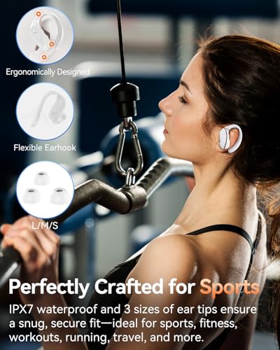 LEEMC Wireless Earbuds, Bluetooth Headphones 5.4, 80Hr Playtime Ear Buds with Hooks for Sports, Noise Canceling, LED Display, IPX7 Waterproof Earphones for Workout Running, Purewhite