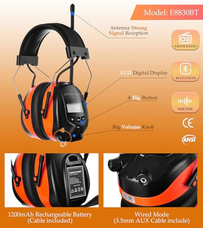 AM FM Radio Hearing Protection Earmuff, Bluetooth 5.4, 30SNR | Rechargeable Hearing Protectors with Gel Earpads, Headphones for Lawn Mowing, Construction, Chainsaw, Landscaping - color: Am/Fm+ Bluetooth-orange