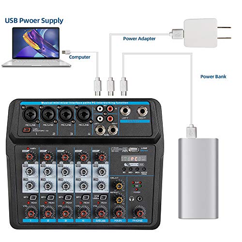 Professional DJ Audio Mixer, NEW BAXS 6 Channel Bluetooth Controller Sound Mixer, USB Interface, 99-Bit DSP XLR, AUX, TRS Processor MP3 Player w/48V Phantom For Karaoke Studio Streaming Recording