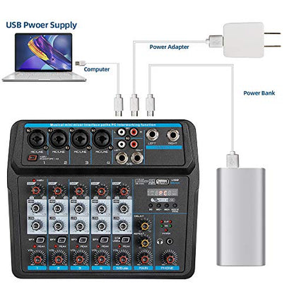 Professional DJ Audio Mixer, NEW BAXS 6 Channel Bluetooth Controller Sound Mixer, USB Interface, 99-Bit DSP XLR, AUX, TRS Processor MP3 Player w/48V Phantom For Karaoke Studio Streaming Recording