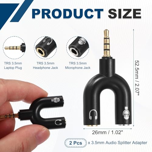 MECCANIXITY 2Pcs Headset Mic Splitter Adapter, 3.5mm Male to Dual Female Y Splitter Microphone and Audio Jack Adapter for PC Laptop Smartphone, Black - color: Black