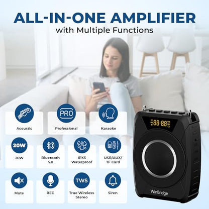 20W Wireless Voice Amplifier with UHF Headset Microphone for Outdoor - M801 | Portable Bluetooth PA System, IPX6 Waterproof & Rugged, AUX/USB/TF/TWS, Auto-Pairing, for Teachers, Tour Guides, Training