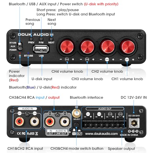 4 Channel Bluetooth Amplifier, 50W x 4 Audio Power Amp, Hi-Fi Home Stereo Speaker Receiver [Douk Audio M4]