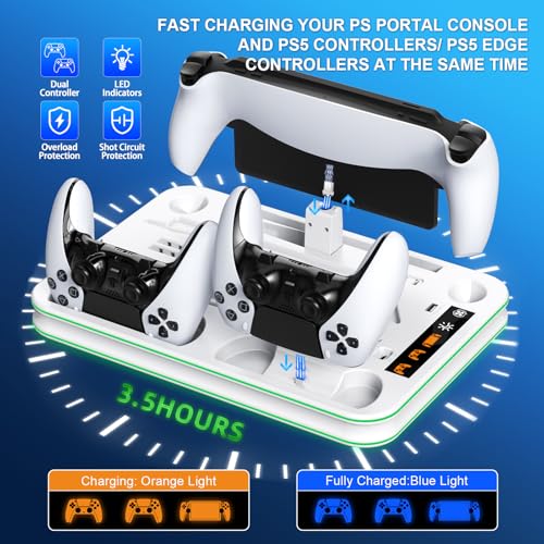 FYOUNG All in One Cooling Stand & Charger Station for PS5/Slim/Pro Console and Controller Charing Dock, Charging Stand for PlayStation Portal, Headset and Remote Holder with RGB Light Stand (White) - color: White