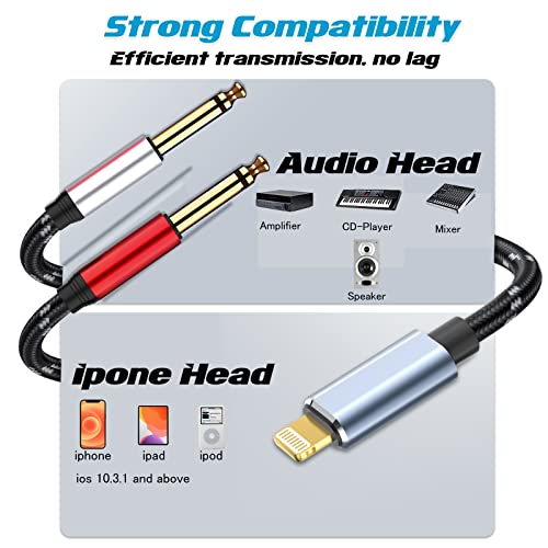 Lightning to Dual 6.35mm 1/4" TS Mono Stereo Y-Cable Splitter Lightning to Dual 1/4 inch Audio Cable Compatible for iPhone12/11/X/XS/XR/8/7/iPad,Amplifier, Speaker, Headphone, Mixing Console 3.3FT - size: 3.3 ft, style: Lightning (Dual 6.35mm cable)